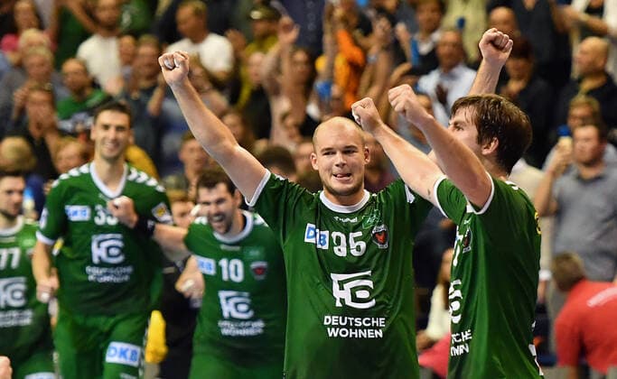 Jacob Tandrup Holm Füchse , Paul Drux Füchse Jakov Gojun Füchse , Marko Kopljar Füchse , cheer after the game Füchse Berlin SC Magdeburg DHB Cup, round of sixteen 2019 2020, men, men, handball, Germany, Germany, Max Schmeling Halle Berlin, 1 10 2019