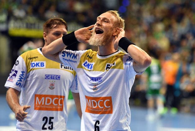 Matthias Musche Magdeburg , jubiltmnach einem Tor, left Marko Bezjak Magdeburg , Foxes Berlin SC Magdeburg DHB Cup, Round of 16 2019 2020, Men, Men, Handball, Germany, Germany, Max Schmeling Halle Berlin, 1 10 2019