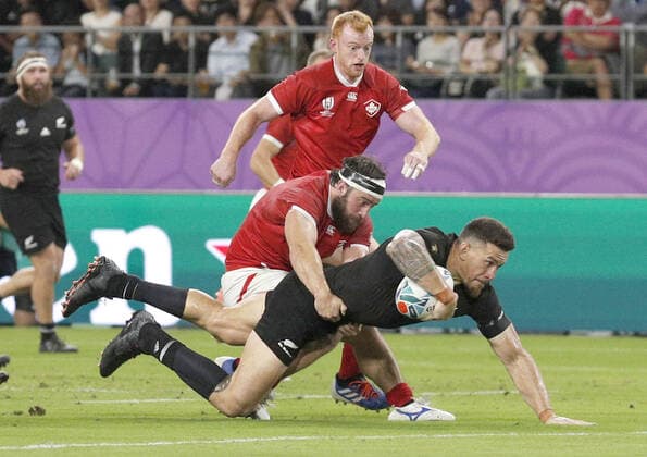 Rugby World Cup in Japan: New Zealand v Canada Sonny Bill Williams of New Zealand scores a try during the first half of a Rugby World Cup Pool B match against Canada in Oita, southwestern Japan, on Oct. 2, 2019. 
