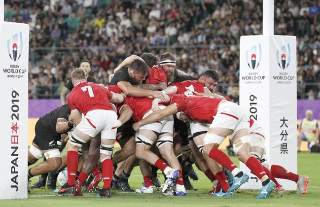 Rugby World Cup in Japan: N.Z. v Canada New Zealand players (black) in a scrum make progress toward the try line during the first half of a Rugby World Cup Pool B match against Canada on Oct. 2, 2019, in Oita, southwestern Japan. New Zealand were subsequently awarded a penalty try. 
