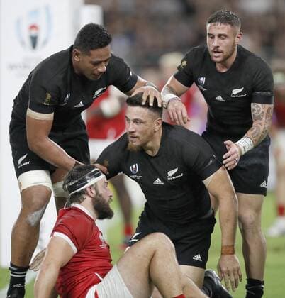 Rugby World Cup in Japan: New Zealand v Canada Sonny Bill Williams (C) of New Zealand is congratulated by teammates after scoring a try during the first half of a Rugby World Cup Pool B match against Canada in Oita, southwestern Japan, on Oct. 2, 2019. 