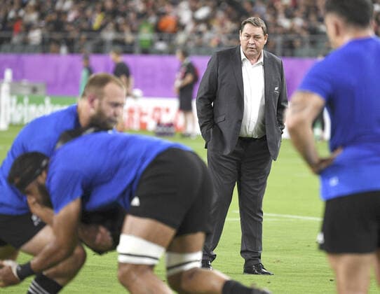 Rugby World Cup in Japan: N.Z. v Canada New Zealand head coach Steve Hansen watches his squad warming up ahead of a Rugby World Cup Pool B match against Canada on Oct. 2, 2019, in Oita, southwestern Japan. 