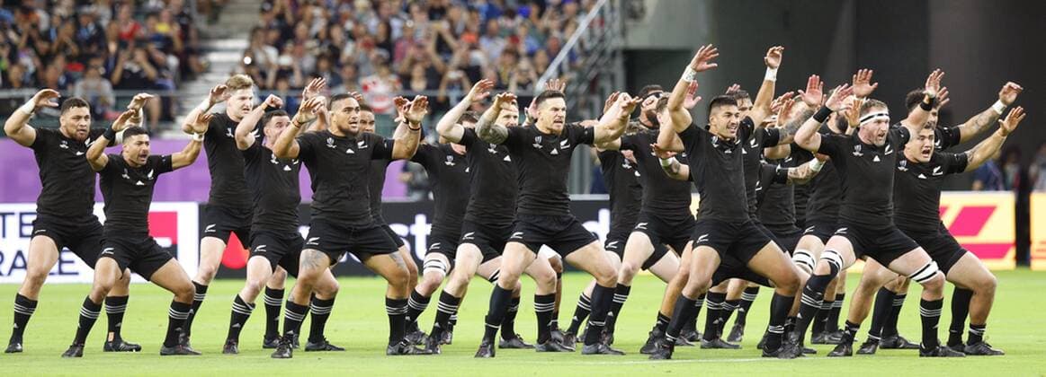 Sport Bilder der Tages Rugby World Cup in Japan: New Zealand v Canada New Zealand players perform the haka prior to a Rugby World Cup Pool B match against Canada on Oct. 2, 2019, in Oita, southwestern Japan. 