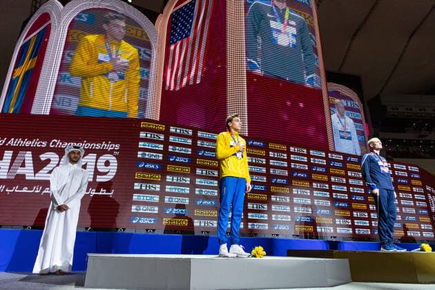 191002 Armand Duplantis of Sweden silver and Sam Kendricks of USA gold at the medal ceremony for the mens pole vault during day 6 of the IAAF World Athletics Championships on October 2, 2019 in Doha Photo Joel Marklund BILDBYRAN code JM 88038 BBENG athletics track field athletics athletics IAAF World Athletics Championships Athletics World Championship World Championships Athletics World Cup Athletics World Cup medal ceremony award Sweden Sweden Sweden World Cup silver cheering pole vault pole pole vault pole vault,  Copyright: JOELxMARKLUND BB191002JM045