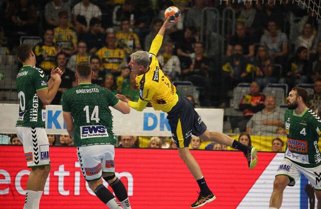 Handball, DHB Cup Rhein Neckar Löwen FrischAuf Göppingen, Round of 16 on 02 10 2019, Season 2019 20, ZmdZ, göppingen, cup, loewen, Andy Schmid 2, Rhein Neckar Löwen , Jacob Bagersted 14, Goeppingen , Rhein Neckar Löwen FrischAuf Goeppingen