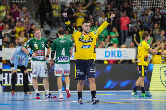 Rhein Neckar Loewen vs Frisch Auf Goeppingen Mannheim, Germany 02 October 2019 DHB Cup Round of 16th Finals at SAP Arena Jannik Kohlbacher Loewen , action single picture jubilation joy emotion goal jubilation goal scorer goalscorer gesture gesture gesture mimic strong facial expression emotion
