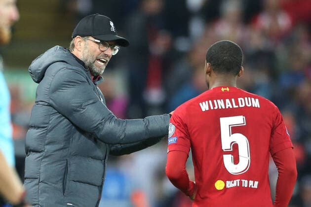 SOCCER - UEFA CL, Liverpool vs RBS LIVERPOOL,ENGLAND,02.OCT.19 - SOCCER - UEFA Champions League, group stage, Liverpool FC vs Red Bull Salzburg. Image shows head coach Juergen Klopp and Georginio Wijnaldum (Liverpool). GEPAxpictures xMathiasxMandl