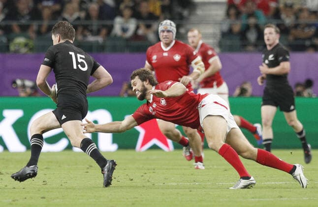 Rugby World Cup: New Zealand v Canada Canada winger Taylor Paris fails to stop New Zealand fullback Jordie Barrett (15) during a Rugby World Cup game in Oita, Japan, on Oct. 2, 2019. 