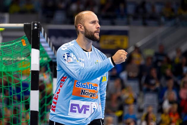 Mannheim, Germany 02 October 2019 DHB Cup Round of 16 Rhine-Neckar Lions vs. Fresh Auf Göppingen Urh Kastelic Goeppingen Jubel Freude Emotion Mannheim SAP Arena Baden Württemberg Germany
