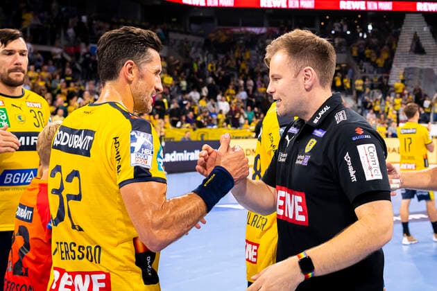 Mannheim, Germany 02 October 2019 DHB Cup Round of the Sixteen Rhein Neckar Löwen vs Frisch Auf Göppingen Alexander Petersson Loewen , Coach Kristjan Andresson Loewen Mannheim SAP Arena Baden Württemberg Germany