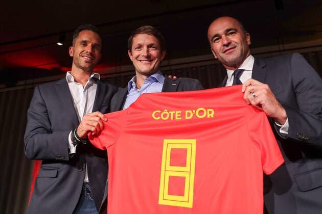 Manu Leroy, Cote d Or Marketeing director Charles Henri Casala and Belgium s head coach Roberto Martinez pictured during a press conference, PK, Pressekonferenz of Belgian national soccer team Red Devils to announce the selection for the upcoming games, Friday 04 October 2019 in Antwerp. The team will be playing two European Cup 2020 qualification games against San Marino and Kazakhstan. BRUNOxFAHY  x05679119x