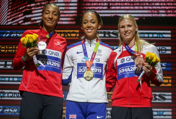 ATHLETICS - IAAF WC 2019 DOHA,QATAR,04.OCT.19 - ATHLETICS - IAAF World Championships 2019, victory ceremony, heptathlon, women. Image shows Naffisatou Thiam (BEL), Katerina Johnson-Thompson (GBR) and Verena Preiner (AUT). GEPAxpictures xMarioxKneisl