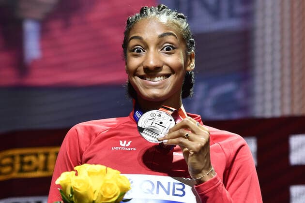 Belgian Nafissatou Nafi Thiam , winner of the silver medal pictured during the medal ceremony of the women s heptathlon competition, on day eight of the IAAF World Athletics Championships in Doha, Qatar, Friday 04 October 2019. The Worlds are taking place from 27 September to 6 October. DIRKxWAEM  x05679166x