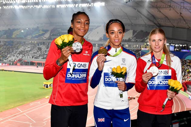 Belgian Nafissatou Nafi Thiam, Britain s Katarina Johnson-Thompson and Austrian Verena Preiner pictured during the medal ceremony of the women s heptathlon competition, on day eight of the IAAF World Athletics Championships in Doha, Qatar, Friday 04 October 2019. The Worlds are taking place from 27 September to 6 October. DIRKxWAEM  x05679176x