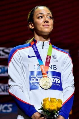 Britain s Katarina Johnson-Thompson , winner of the gold medal pictured during the medal ceremony of the women s heptathlon competition, on day eight of the IAAF World Athletics Championships in Doha, Qatar, Friday 04 October 2019. The Worlds are taking place from 27 September to 6 October. DIRKxWAEM  x05679185x