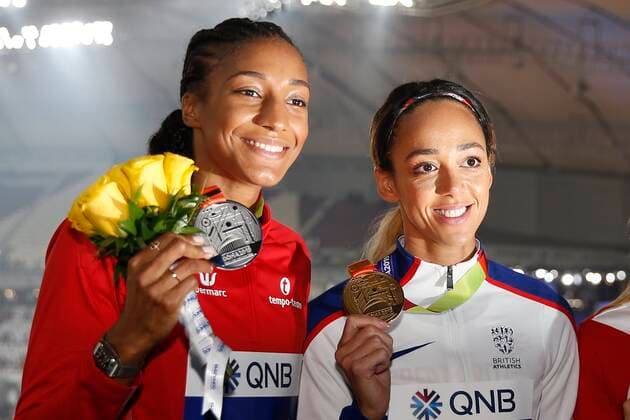 DOHA, QATAR - OCTOBER 04 : Nafissatou Thiam (Bel) - Katarina Johnson-Thompson (Gbr) pictured during the women heptathlon medal ceremony of the17th IAAF World Athletics championships from september 27 till october 6, 2019 in Doha, Khalifa stadium,Qatar, 04 10 2019. ATHLETISME : Championnats du monde IAAF - Doha - 04 10 2019 PHOTONEWS PANORAMIC 