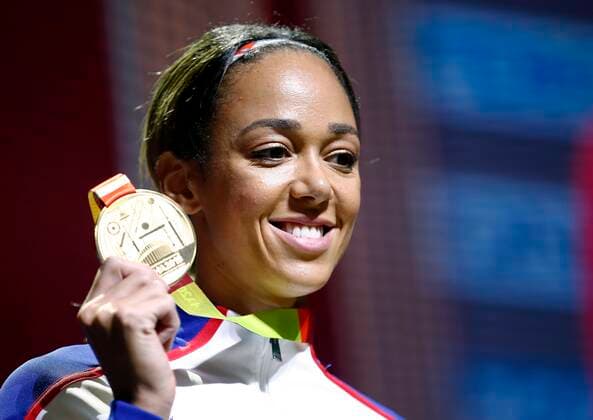 DOHA, QATAR - OCTOBER 04 : Katarina Johnson-Thompson (Gbr) pictured during the women heptathlon medal ceremony of the17th IAAF World Athletics championships from september 27 till october 6, 2019 in Doha, Khalifa stadium,Qatar, 04 10 2019. ATHLETISME : Championnats du monde IAAF - Doha - 04 10 2019 PHOTONEWS PANORAMIC 