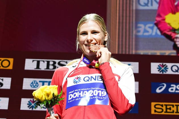 Doha, IAAF, Athletics, athletics, Track and Field, World athletics Championships 2019 Doha, Athletics World Championships 2019 Doha, 27 09 06 10 2019, Khalifa International Stadium Doha, Womens Seven, Award Ceremony Verena Preiner Austria with Bronze Medal ,