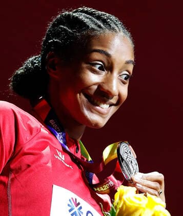 (191005) -- DOHA, Oct. 5, 2019 -- Silver medalist Nafissatou Thiam of Belgium reacts during the medal ceremony for the Women s Heptathlon at the 2019 IAAF World Athletics Championships in Doha, Qatar, Oct. 4, 2019. ) (SP)QATAR-DOHA-ATHLETICS-IAAF WORLD CHAMPIONSHIPS WangxLili 