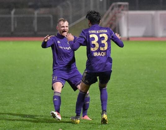 Soccer, Men, Season 2019 2020, NOFV Oberliga Nord 8 Matchday , Tennis Borussia Ludwigsfelder FC 9 0 , Nils Göwecke TeBe, Tennis Borussia , Daoud Iraqi TeBe, Tennis Borussia , Jubel nach Tor zum 2 0, 04 10 2019, Copyright: xMatthiasxKochx