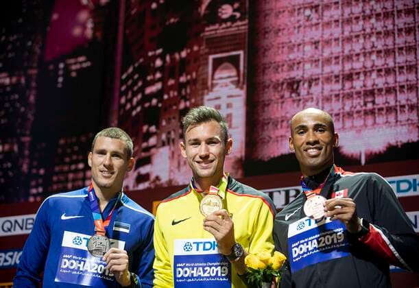 v l Maicel UIBO EST 2 place, winner Niklas KAUL Germany 1 place, Damian WARNER CAN 3 place show their medals, gold medal, gold award ceremony decathlon of the men, on 04 10 2019 Track and Field World Championships 2019 in Doha Qatar, from 27 09 10 10 2019 Â