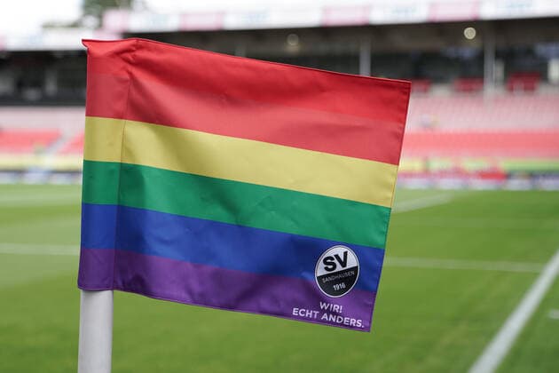 Action match day Diversity within the CSR initiative Hardtwald Helden of SV Sandhausen, corner flag in rainbow colours, rainbow flag, rainbow, action against discrimination, exclusion and sexism, Together for diversity, respect and acceptance in sport, tolerance, Corporate Social Responsibility, Symbol photo, Symbol image, Symbol, Motto of SVS Wir Echt anders , 05 10 2019, Sandhausen Germany , Football, 2 Bundesliga, SV Sandhausen FC Erzgebirge Aue, DFB DFL REGULATIONS PROHIBIT ANY USE OF PHOTOGRAPHS AS IMAGE SEQUENCES AND OR QUASI VIDEO xozx