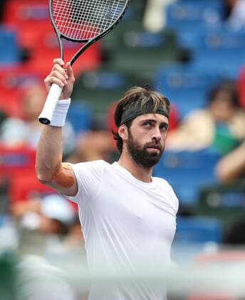 (191006) -- SHANGHAI, Oct. 6, 2019 -- Nikoloz Basilashvili of Georgia celebrates after the men s singles first round match between Nikoloz Basilashvili of Georgia and Radu Albot of Moldova at 2019 ATP, Tennis Herren Shanghai Masters tennis tournament in Shanghai, east China, on Oct. 6, 2019. ) (SP)CHINA-SHANGHAI-TENNIS-ATP MASTERS(CN) DingxTing 