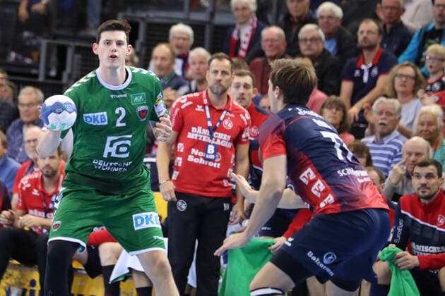 SG Flensburg Handewitt vs Fuechse Berlin, 06 10 19, LIQUI MOLY Handball Bundesliga, Simon Ernst Fuechse Berlin, 02 against Magnus Roed SG Flensburg Handewitt, 77 Copyright: xBEAUTIFULxSPORTS MarioxM.xKobergx