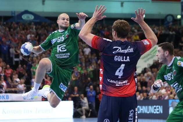 SG Flensburg Handewitt vs Fuechse Berlin, 06 10 19, LIQUI MOLY Handball Bundesliga, Paul Drux Fuechse Berlin, 95 against Johannes Golla SG Flensburg Handewitt, 04 Copyright: xBEAUTIFULxSPORTS MarioxM.xKobergx