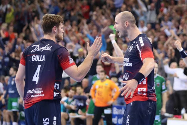 SG Flensburg Handewitt vs. Fuechse Berlin, 06 10 19, LIQUI MOLY Handball Bundesliga, jubilation at Johannes Golla SG Flensburg Handewitt, 04 and Simon Hald SG Flensburg Handewitt, 05 Copyright: xBEAUTIFULxSPORTS MarioxM.xKobergx