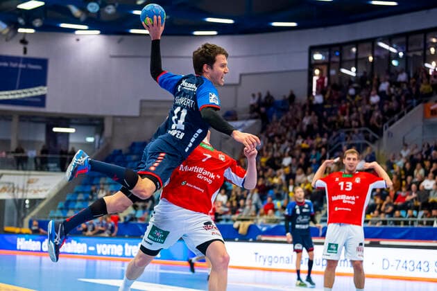 Bietigheim, Germany 06 October 2019 2 BL 19 20 SG BBM Bietigheim vs HSV Handball Hamburg Christian Schäfer Schaefer SG BBM Bietigheim , Leif Tissier HSV Hamburg Bietigheim Egetrans Arena Baden Württemberg Germany
