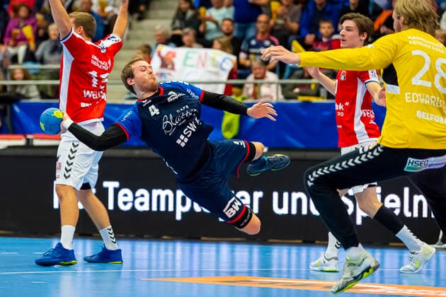 Bietigheim, Germany 06 October 2019 2 BL 19 20 SG BBM Bietigheim vs HSV Handball Hamburg Patrick Rentschler SG BBM Bietigheim , Torhueter Aron Edvardsson HSV Hamburg Bietigheim Egetrans Arena Baden Württemberg Germany