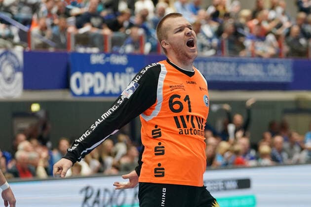 GER, 1 HBL men, Bergischer HC vs TSV GWD Minden 06 10 2019, Klingenhalle, Solingen, GER, 1 HBL men, Bergischer HC vs TSV GWD Minden, in picture shows TomaÅ¡ Mrkvab goalkeeper BHC 61 , happy about a goal nordphotox xMeuter nph00351