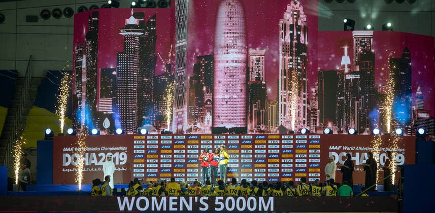 IAAF World Athletics Championships Doha 2019 Qatar, 06 10 2019 DOHA, QATAR OCTOBER 06 Konstanze Klosterhalfen GER TSV Bayer 04 Leverkusen at the podium for the bronce medal over the womens 5000m on day 10 of the IAAF World Athletics Championships Doha 2019 at the Khalifa International Stadium of Doha on 06 10 2019 in Arabian Peninsula Qatar Copyright: xBEAUTIFULxSPORTS OliverxKremerx