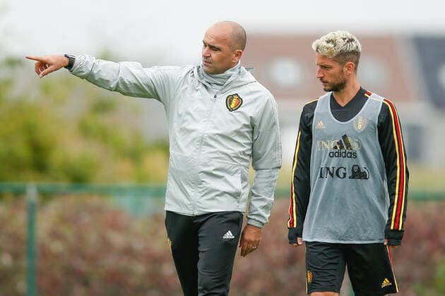 Belgium s head coach Roberto Martinez and Belgium s Dries Mertens pictured during a training of Belgian national soccer team Red Devils, Tuesday 08 October 2019 in Tubize. The team will be playing two European Cup 2020 qualification games against San Marino and Kazakhstan. BRUNOxFAHY  x05682390x