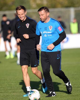 Training of the Croatian National Football Team in Omis 08.10.2019,Omis - Croatian national team, Nationalteam hold second training session ahead of qualifying match for EP against Hungary. Ivica Olic, Ivan Rakitic. Croatia, Omis  IvoxCagalj PIXSELL