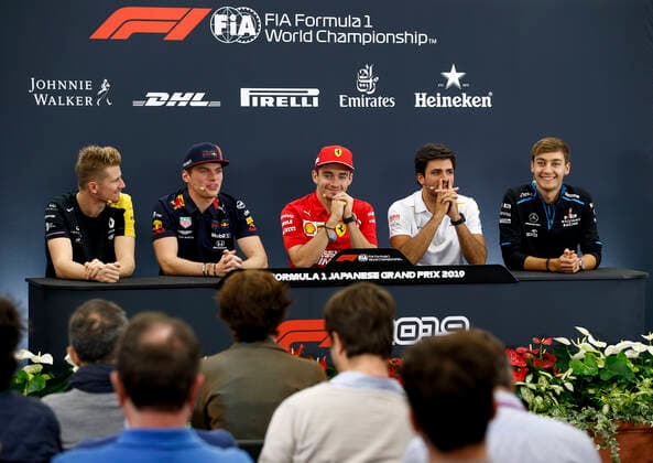 Motorsports: FIA Formula One World Championship, WM, Weltmeisterschaft 2019, Grand Prix of Japan, 27 Nico Hulkenberg (GER, Renault F1 Team), 33 Max Verstappen (NLD, Aston Martin Red Bull Racing), 16 Charles Leclerc (MCO, Scuderia Ferrari Mission Winnow), 55 Carlos Sainz jr. (ESP, McLaren F1 Team), 63 George Russell (GBR, ROKiT Williams Racing), Suzuka Japan