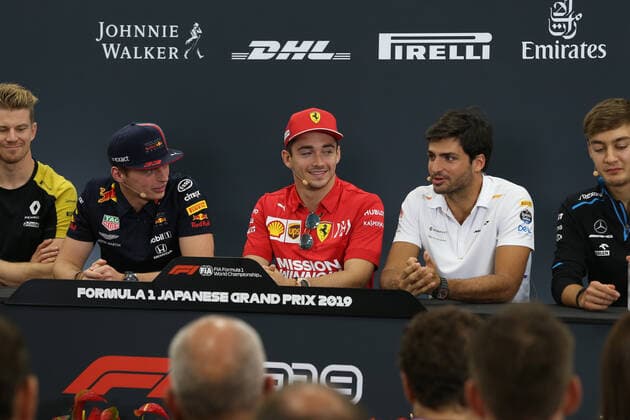 Photo4 LaPresse 10 10 2019 Suzuka, Japan Grand Prix Formula One Japan 2019 In the pic: Official Fia press conference, PK, Pressekonferenz Max Verstappen (NED) Red Bull Racing RB15, Charles Leclerc (MON) Scuderia Ferrari SF90 and Carlos Sainz Jr (ESP) Mclaren F1 Team MCL34  Copyright: xPhoto4 LaPressex