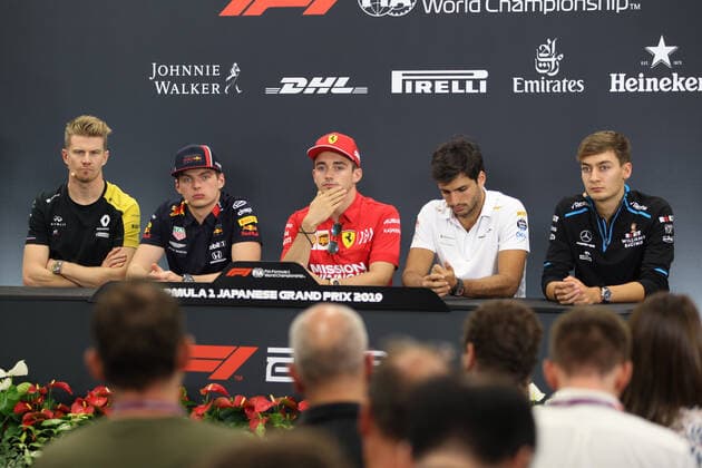 Photo4 LaPresse 10 10 2019 Suzuka, Japan Grand Prix Formula One Japan 2019 In the pic: Official Fia press conference, PK, Pressekonferenz R to L Nico Hulkenberg (GER) Renault Sport F1 Team RS19, Max Verstappen (NED) Red Bull Racing RB15, Charles Leclerc (MON) Scuderia Ferrari SF90, Carlos Sainz Jr (ESP) Mclaren F1 Team MCL34 George Russell (GBR) Williams F1 FW42  Copyright: xPhoto4 LaPressex