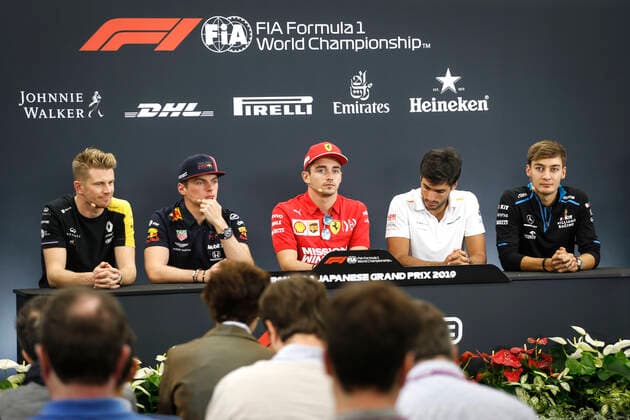 Motorsports: FIA Formula One World Championship, WM, Weltmeisterschaft 2019, Grand Prix of Japan, 27 Nico Hulkenberg (GER, Renault F1 Team), 33 Max Verstappen (NLD, Aston Martin Red Bull Racing), 16 Charles Leclerc (MCO, Scuderia Ferrari Mission Winnow), 55 Carlos Sainz jr. (ESP, McLaren F1 Team), 63 George Russell (GBR, ROKiT Williams Racing), Suzuka Japan