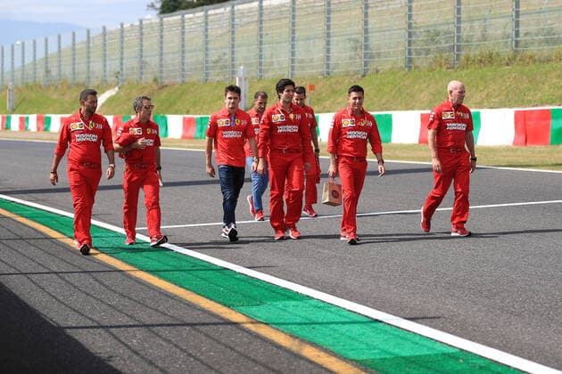 10th October 2019; Suzuka Circuit, Suzuka City, Japan; Formula One Japanese Grand Prix, Arrivals day; Scuderia Ferrari, Charles Leclerc walks the circuit with his team - Editorial Use  ActionPlus12175965 LeannexBoon