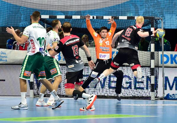 10 10 2019 Handball 1 Bundesliga DKB HBL Season 2019 2020 08 Matchday HC Erlangen Nuremberg Metropolitan Region HCE FA Göppingen OGo Daniel Rebmann 12, Frisch Auf Göppingen Sebastian Firnhaber 18, HC Erlangen HCE