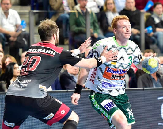 10 10 2019 Handball 1 Bundesliga DKB HBL Season 2019 2020 08 Matchday HC Erlangen Metropolitan Region Nuremberg HCE FA Göppingen OGo Nico Büdel 20, HC Erlangen Nicolai Theilinger 3, Frisch Auf Göppingen