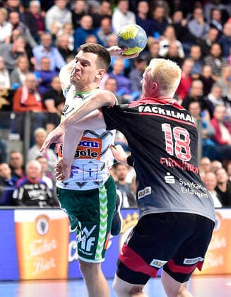 10 10 2019 Handball 1 Bundesliga DKB HBL Season 2019 2020 08 Matchday HC Erlangen Nuremberg Metropolitan Region HCE FA Göppingen OGo Josip Peric 18, Frisch Auf Göppingen Sebastian Firnhaber 18, HC Erlangen HCE