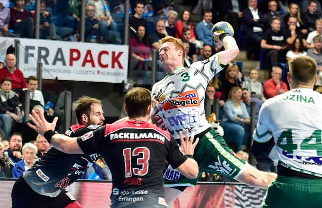 10 10 2019 Handball 1 Bundesliga DKB HBL Season 2019 2020 08 Matchday HC Erlangen Metropolregion Nürnberg HCE FA Göppingen OGo Nico Büdel 20, HC Erlangen Michael Haaß Haass 13, HC Erlangen HCE Nicolai Theilinger 3, Frisch Auf Göppingen