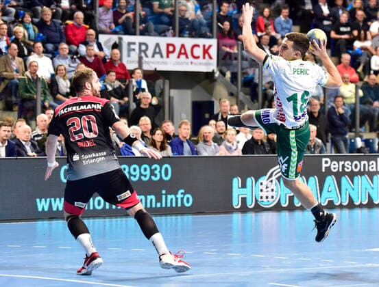 10 10 2019 Handball 1 Bundesliga DKB HBL Season 2019 2020 08 Matchday HC Erlangen Nuremberg Metropolitan Region HCE FA Göppingen OGo Nico Büdel 20, HC Erlangen Josip Peric 18, Frisch Auf Göppingen