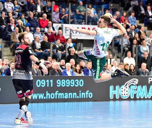 10 10 2019 Handball 1 Bundesliga DKB HBL Season 2019 2020 08 Matchday HC Erlangen Nuremberg Metropolitan Region HCE FA Göppingen OGo Nico Büdel 20, HC Erlangen Josip Peric 18, Frisch Auf Göppingen