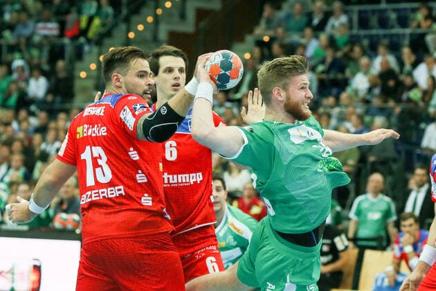 DHfK Balingen Handball Leipzig, 10 10 2019, Arena Leipzig, Handball, 1 Bundesliga, 9 Spieltag , SC DHfK HBW Balingen Weilstetten , In the picture v l Benjamin Meschke 13, Balingen and Maciej Gebala 28, Leipzig ,