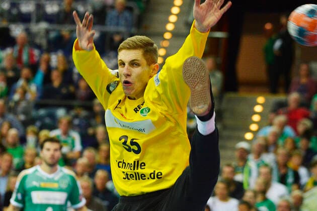 LIQUI MOLY Handball Bundesliga 2019 2020, 9 Matchday, SC DHfK Leipzig vs HBW Balingen Weilstetten 10 10 2019 Parade by Joel Birlehm Tormann DHfK Leipzig, Rueckennummmer 35 in Handball Bundesliga Spiel Leipzig vs Balingen Weilstetten Leipzig Sachsen Deutschland Arena Leipzig