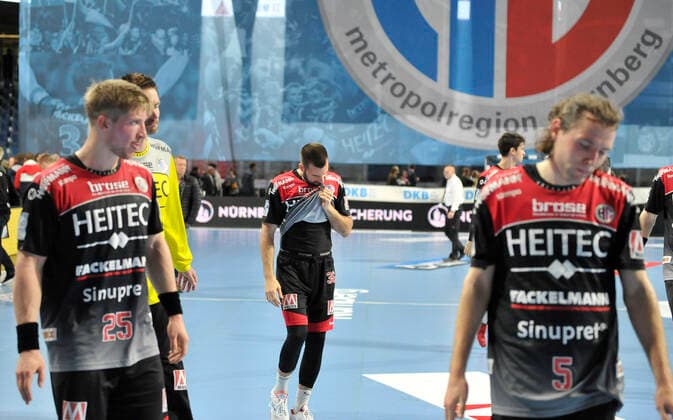 10 10 2019 Handball 1 Bundesliga DKB HBL Season 2019 2020 08 Matchday HC Erlangen Metropolregion Nürnberg HCE FA Göppingen OGo Jan Schäffer 25, HC Erlangen HCE Florian von Gruchalla 36, HC Erlangen HCE Johannes Sellin 5, HC Erlangen HCE disappoints disappointment after end of game